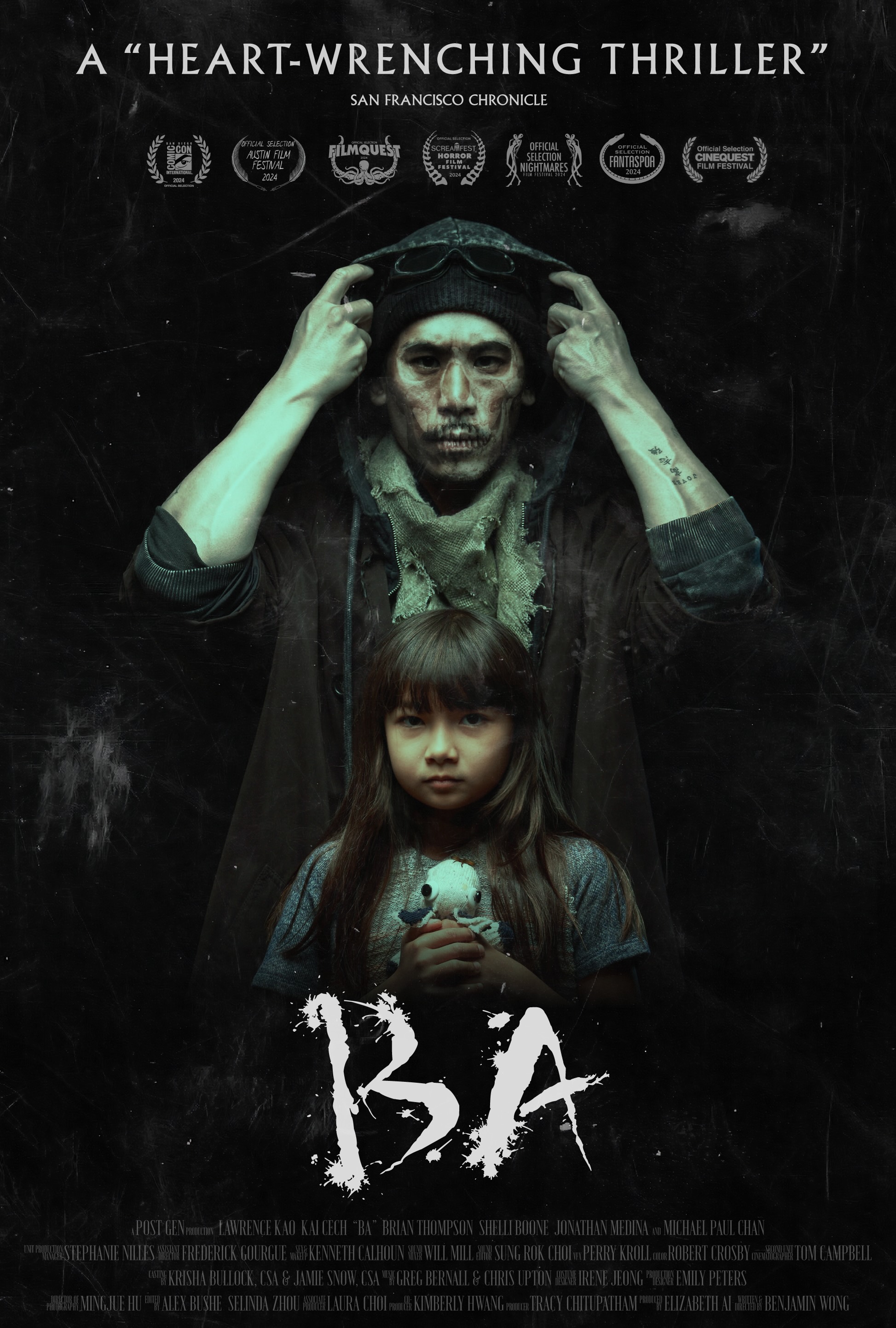 'Ba' Movie Poster - a dark, faded image of an ominous man looming over a girl holding a teddy bear.